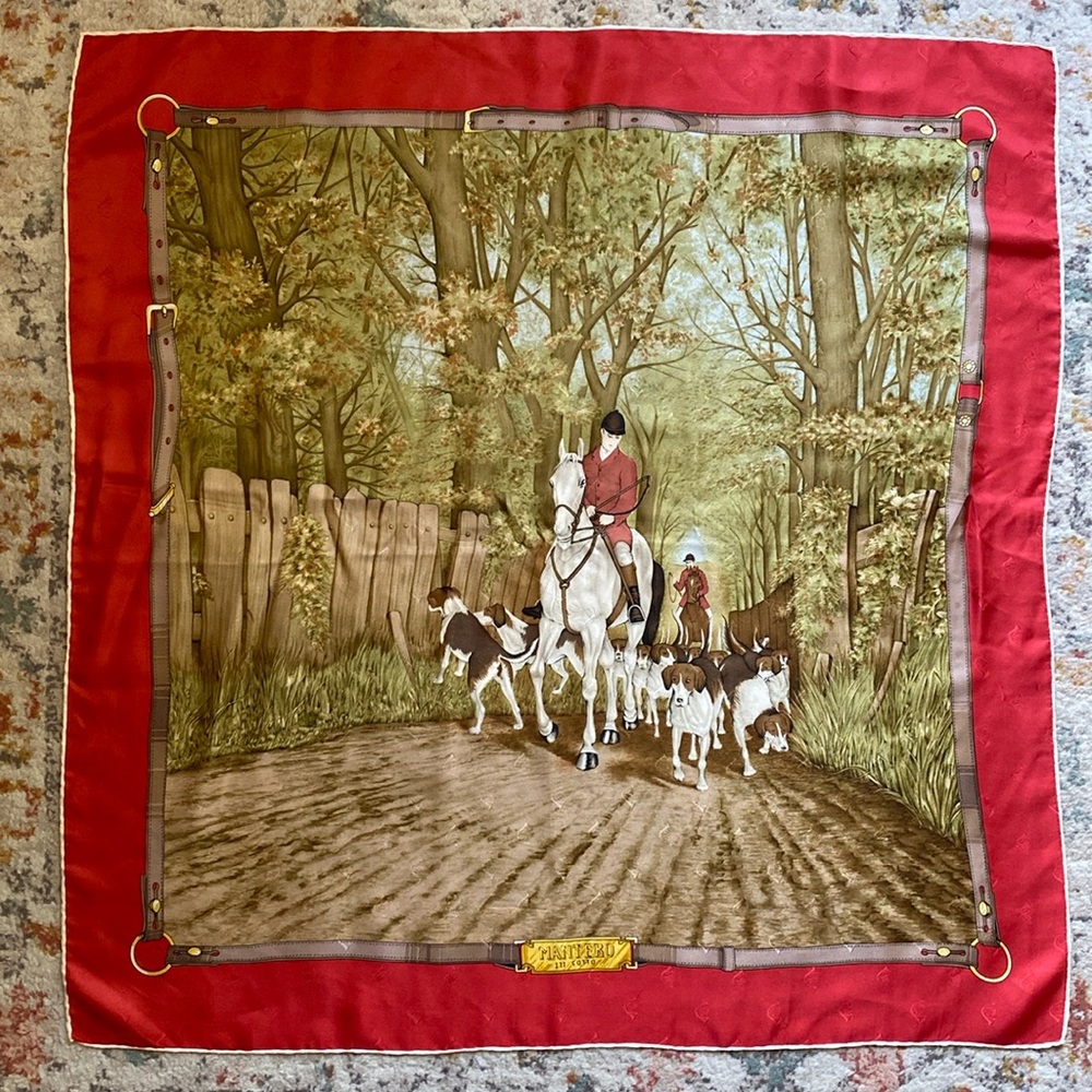 Vintage MANTERO Italian Silk Equestrian Fox Hunt Scarf Red 33” made italy